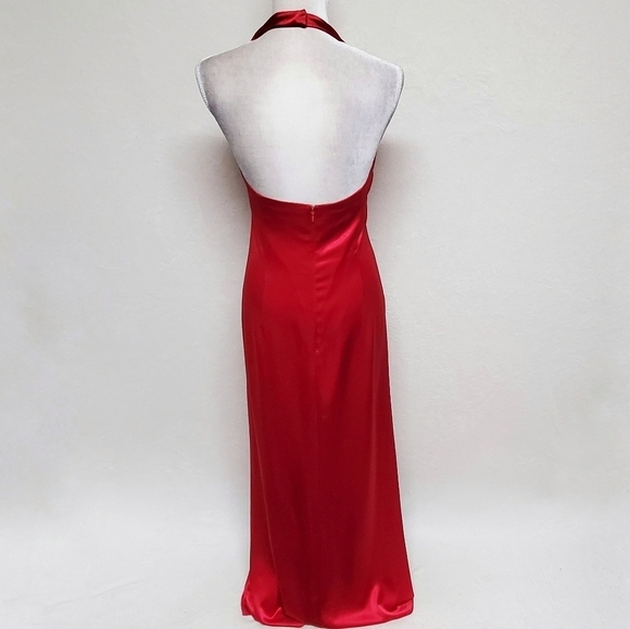 Vintage 90s ABS Evening Red Charmeuse Satin Halter Plunging Neckline Maxi Dress - Picture 12 of 15